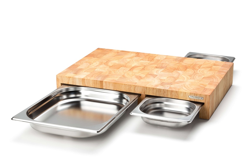 Schneidbrett mit 3 Edelstahlschubladen, Stirnholz L50xB32,5xH8cm