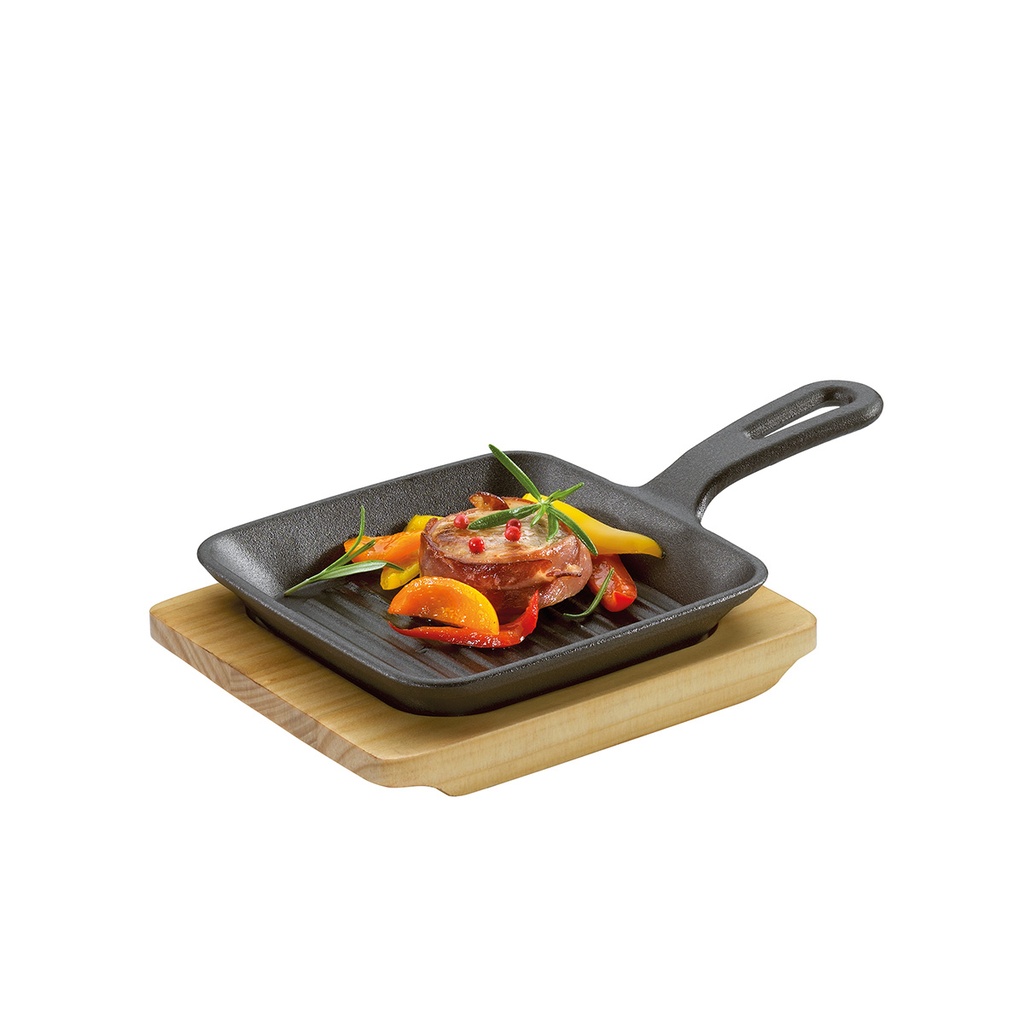 Grill-/Servierpfanne quadratisch 13,5 x 13,5 cm, mit Holzbrett