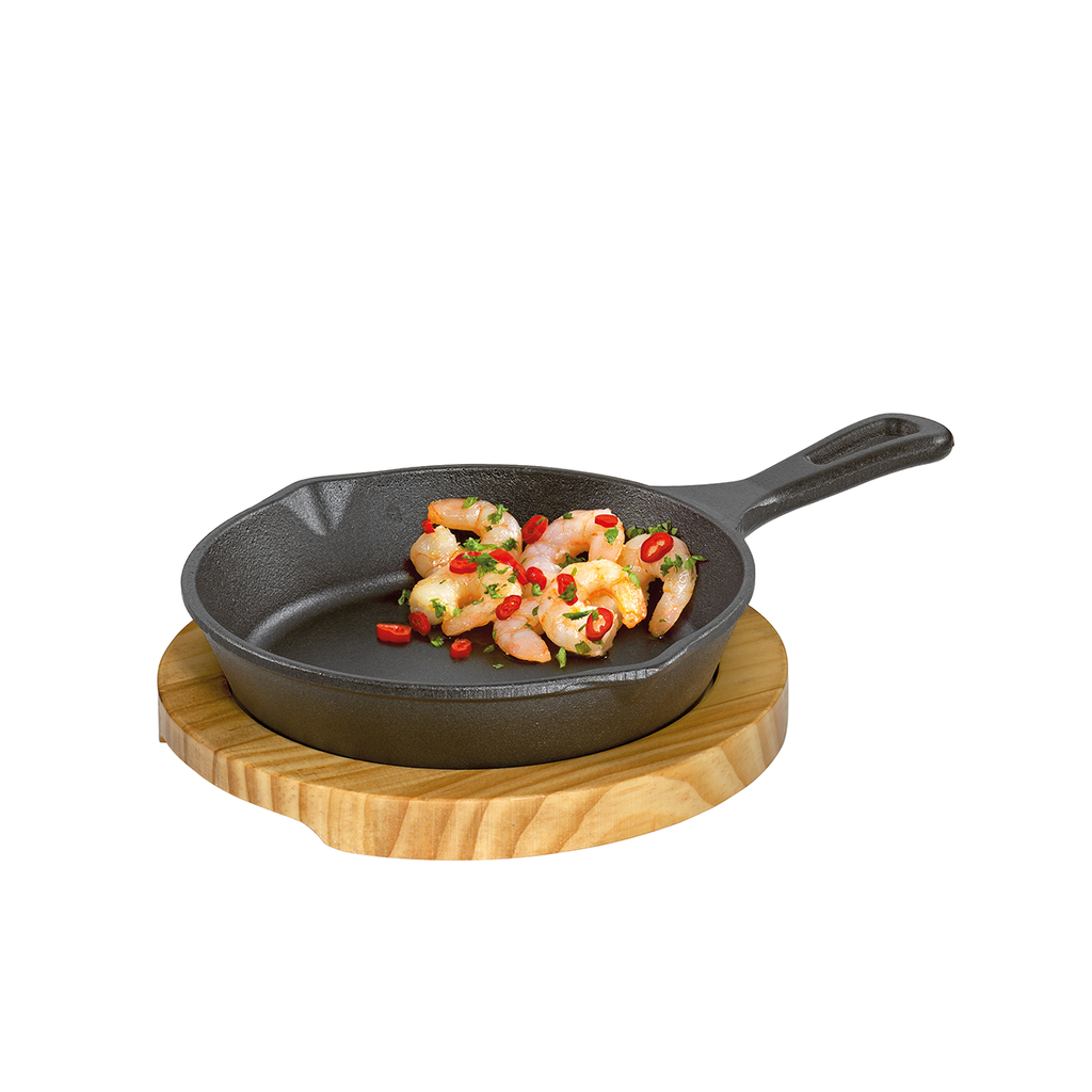 Servierpfanne 18 cm, mit Holzbrett