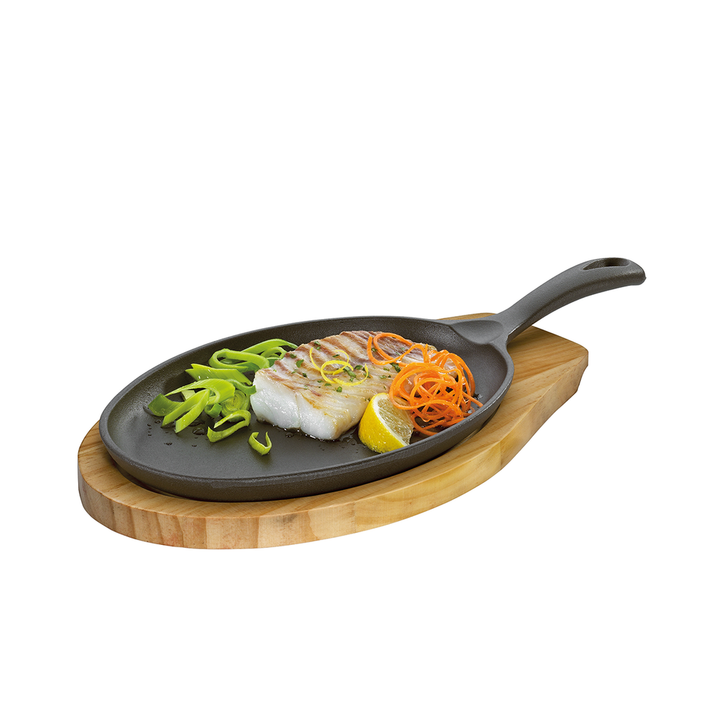 Servierpfanne oval 19,5 cm, mit Holzbrett